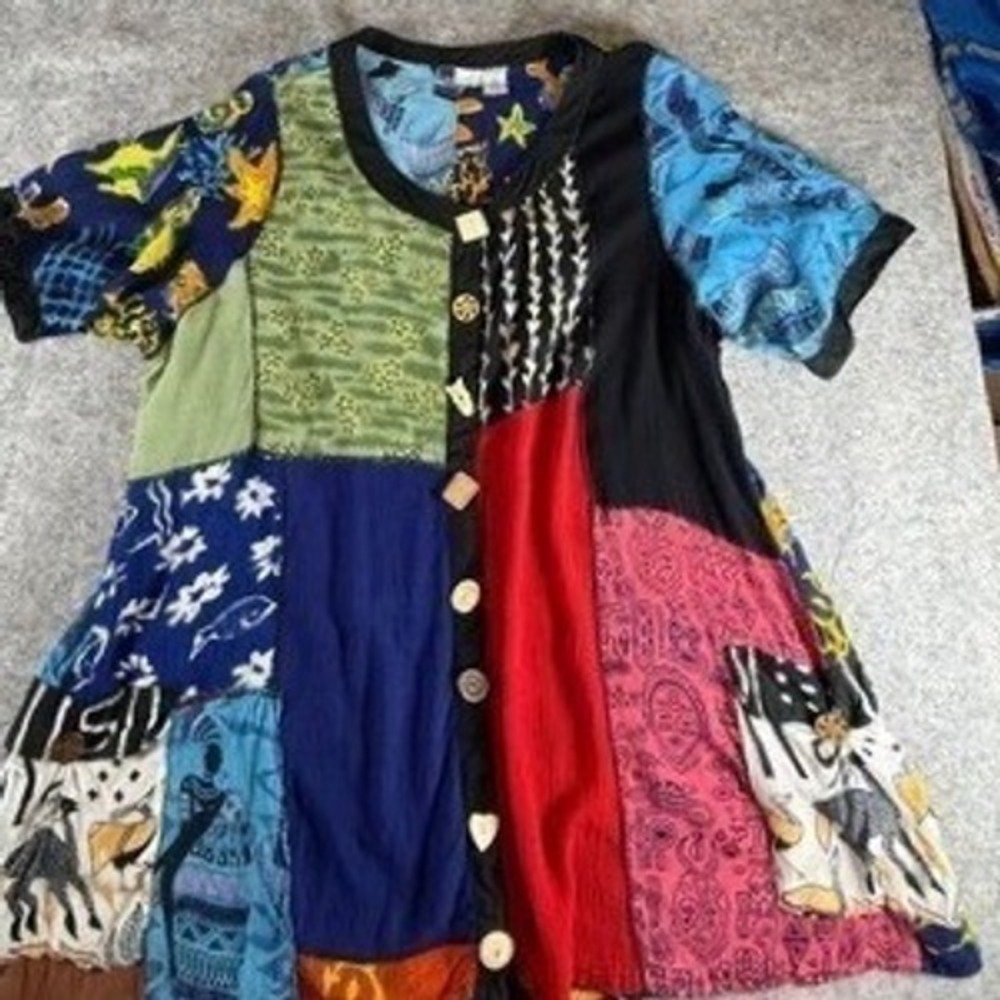 La Cera Womens 4X Patchwork Rayon Top Mixed Print Novelty Boho Art to Wear